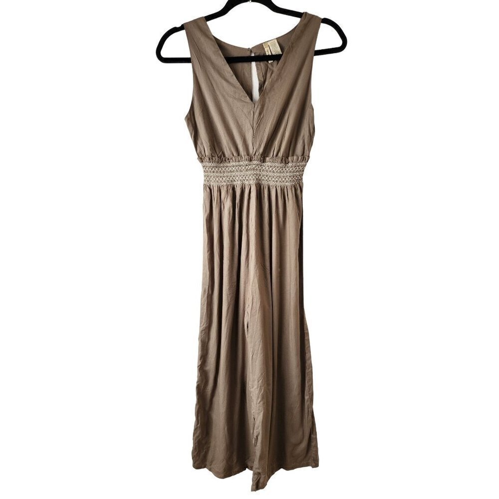 Japna Smocked Embroidered V-Neck Cropped Wide Leg Olive Green Jumpsuit XS